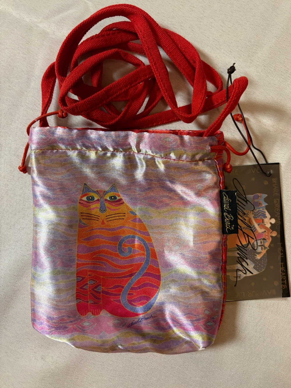 Laurel Burch Red&Pink Iridescent Cat Drawstring Crossbody Bag